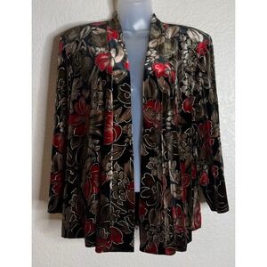 BFA Classics Womens Large Cardigan Black Red Metallic Floral Velvet Burnout Open